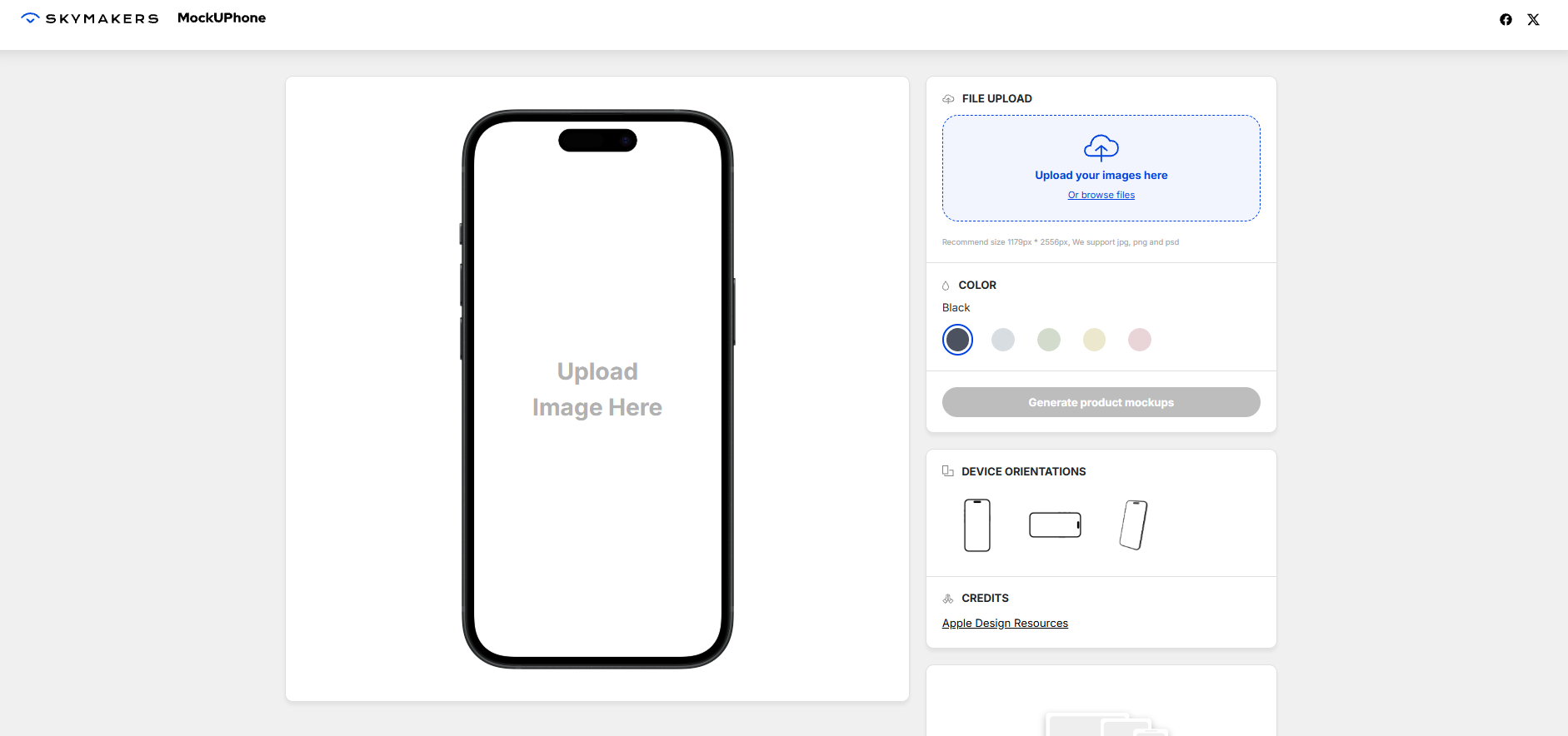 MockUPhone interface showing an iPhone mockup template